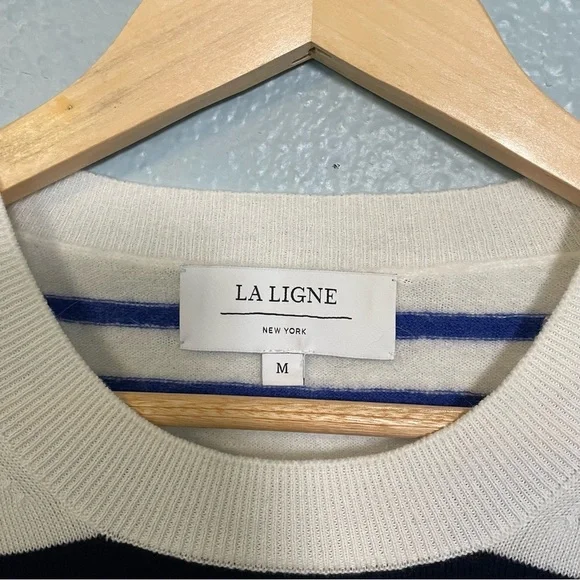 La Ligne Bold Navy Stripe Fuzzy Crewneck Pullover Sweater - Picture 3 of 12